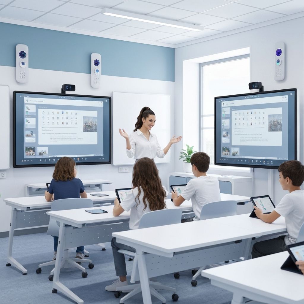 Modern smart classroom with interactive displays and automated controls
