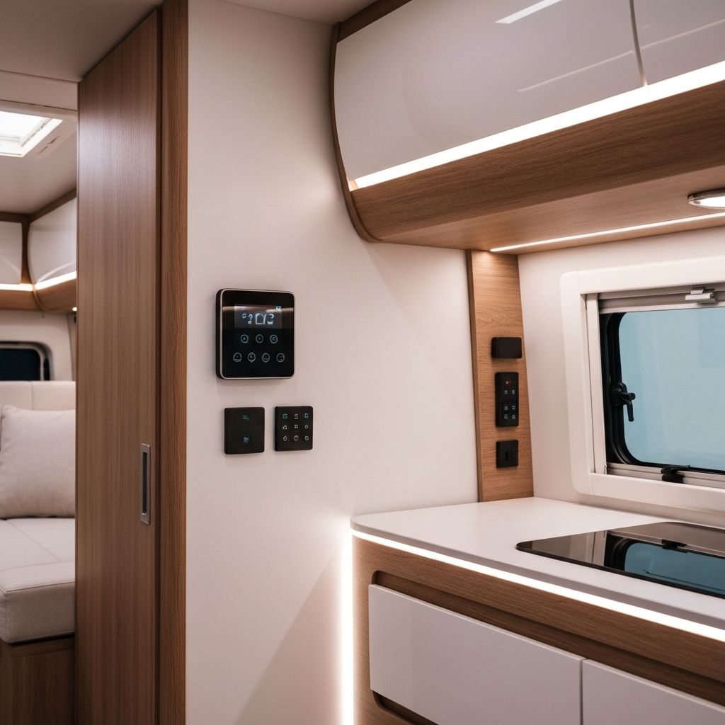 Modern camper van interior with smart home automation controls